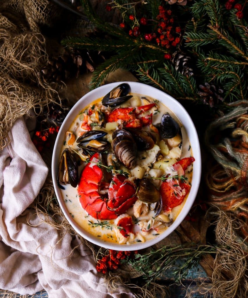 Atlantic seafood chowder with lobster and mussels in a rich creamy base.