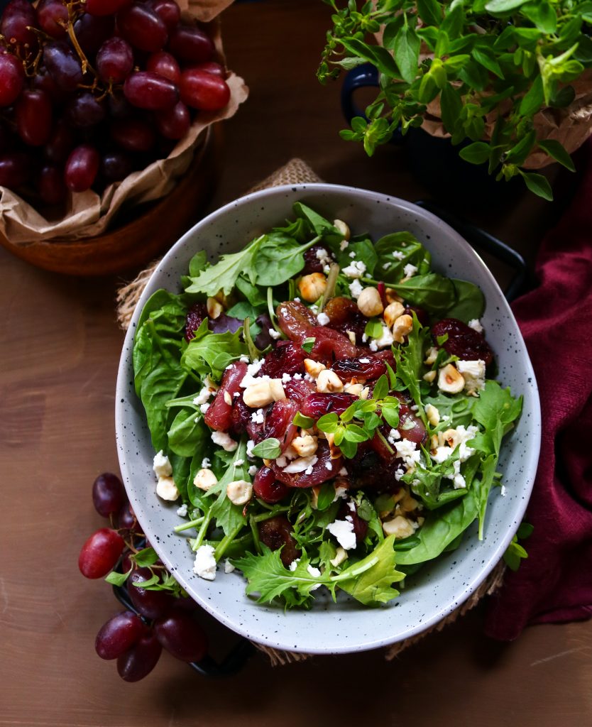 Roasted Grape Feta Hazelnut Salad