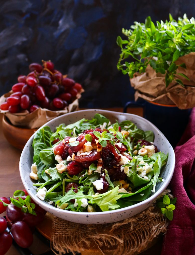 Roasted Grape Feta Hazelnut Salad