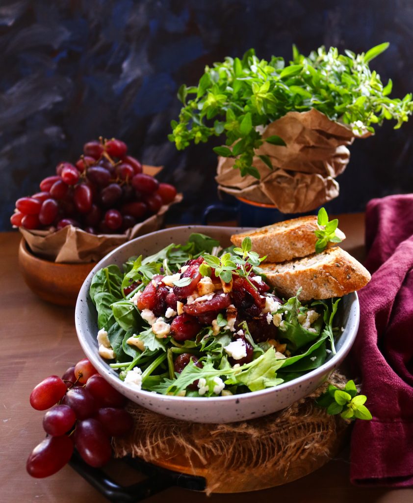Roasted Grape Feta Hazelnut Salad