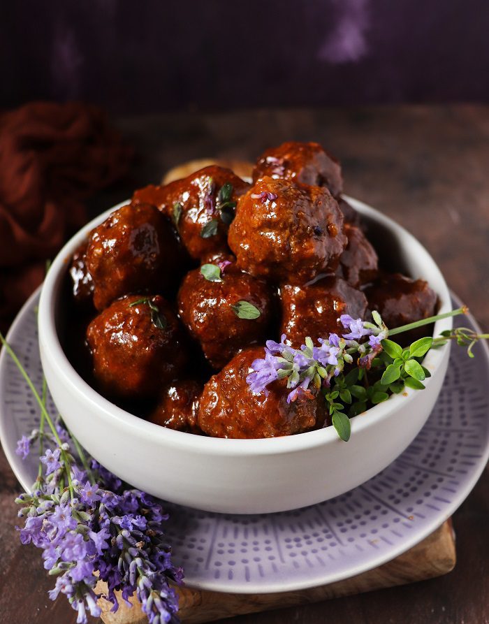 Meatballs with lavender sauce, rich and glossy with a sweet and smoky flavour and herbal notes