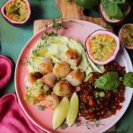 Seared Scallops with Avocado Mousse and Passion Fruit Sauce