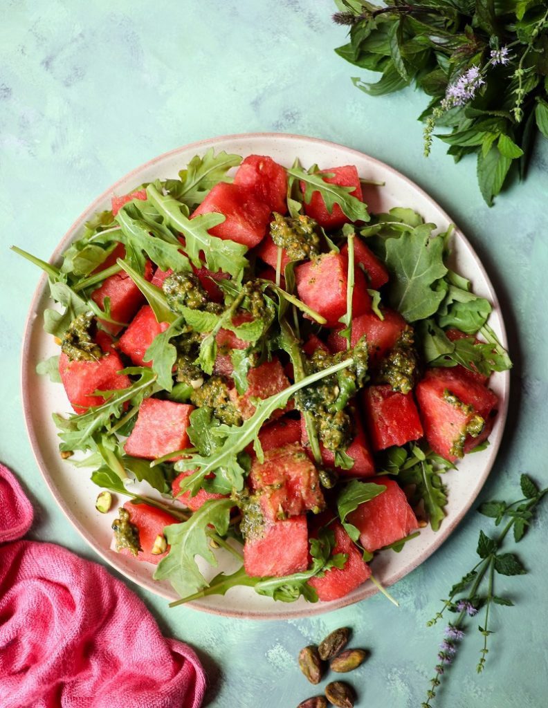 Watermelon Salad with Pistachio Mint Pesto