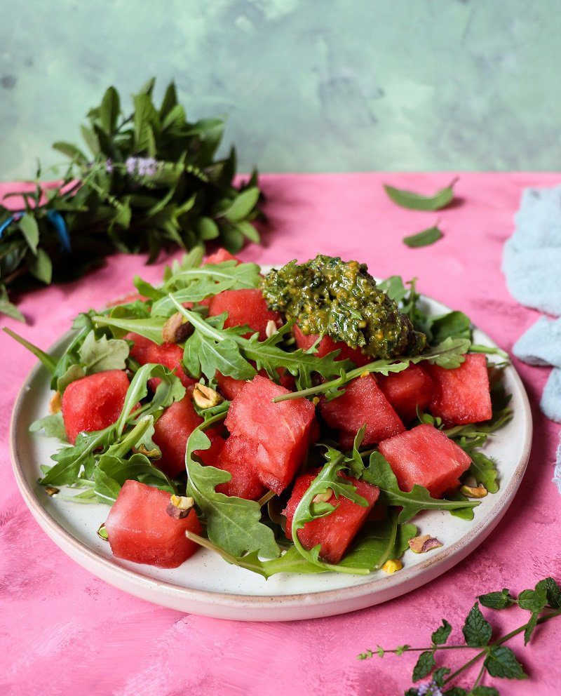 Watermelon Salad with Pistachio Mint Pesto
