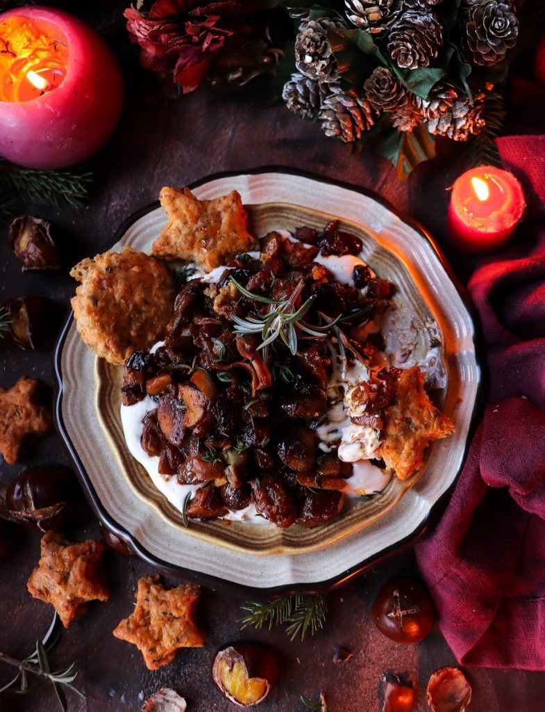 Creamy Cheese Chestnut Dip with Caramelized Onions and Prosciutto