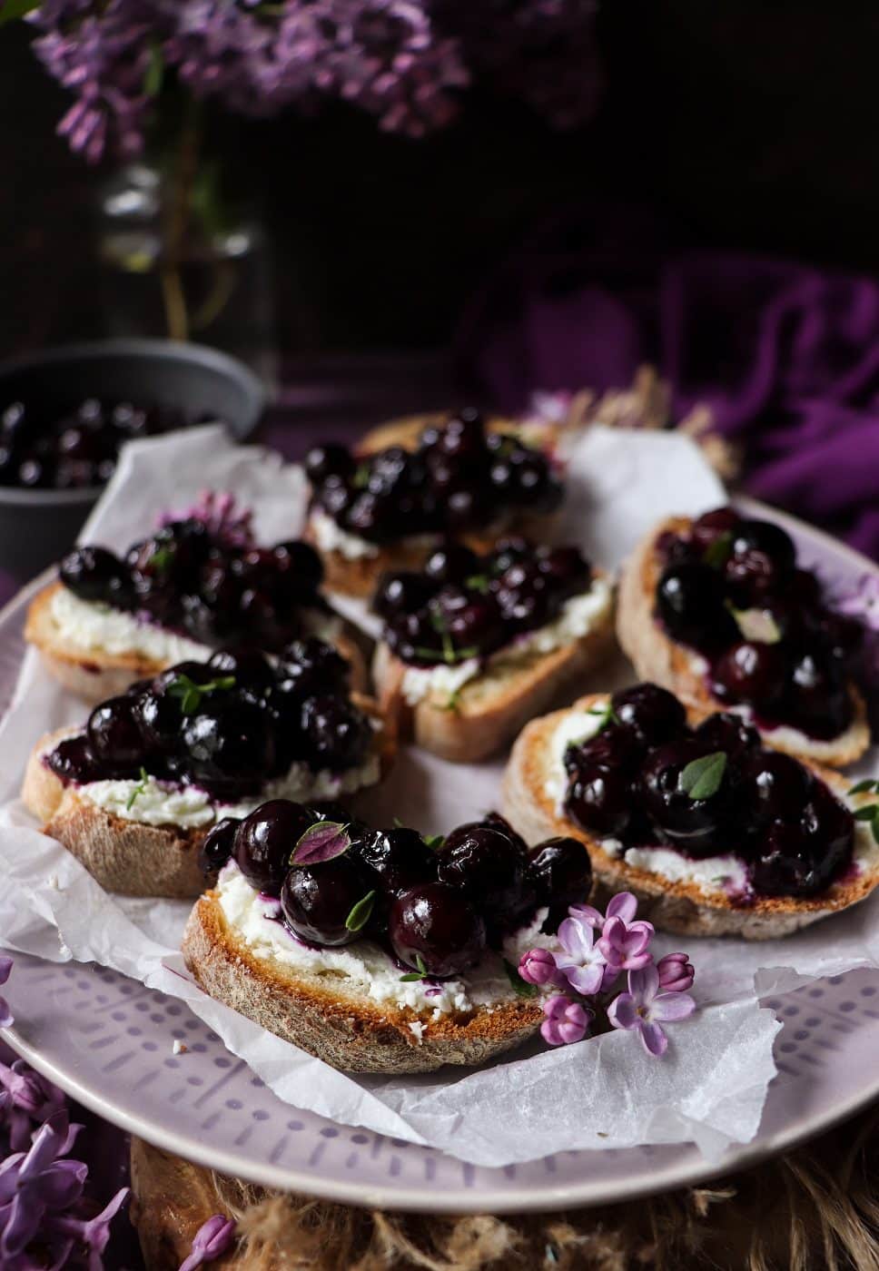 Maple blueberry crostini with goat cheese.