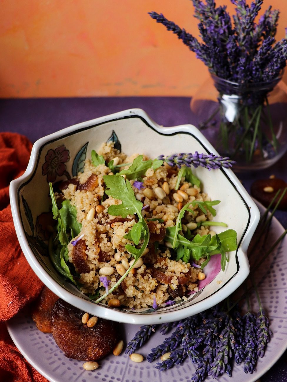 Couscous salad with apricots, lavender, and pine nuts