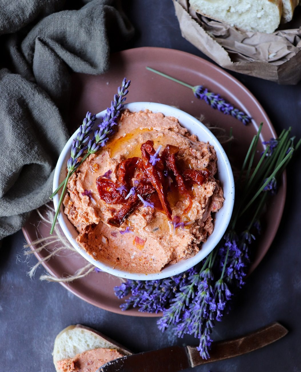 Mediterranean cream cheese spread with sun-dried tomatoes and lavender