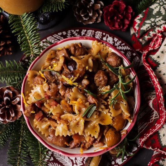 Festive Chestnut Sausage Pasta with Brandy and Pancetta