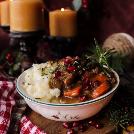 Festive Venison Stew with Chestnuts, Pancetta and Brandy