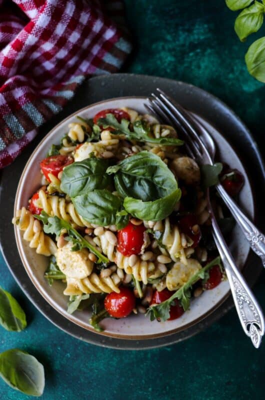 Pesto Pasta Salad with Mozzarella, Cherry Tomatoes and Pine Nuts