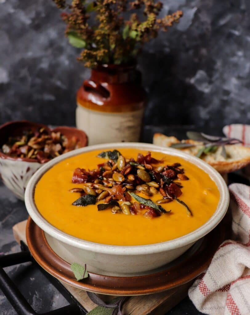 Sweet Potato Soup with Prosciutto Sage Topping