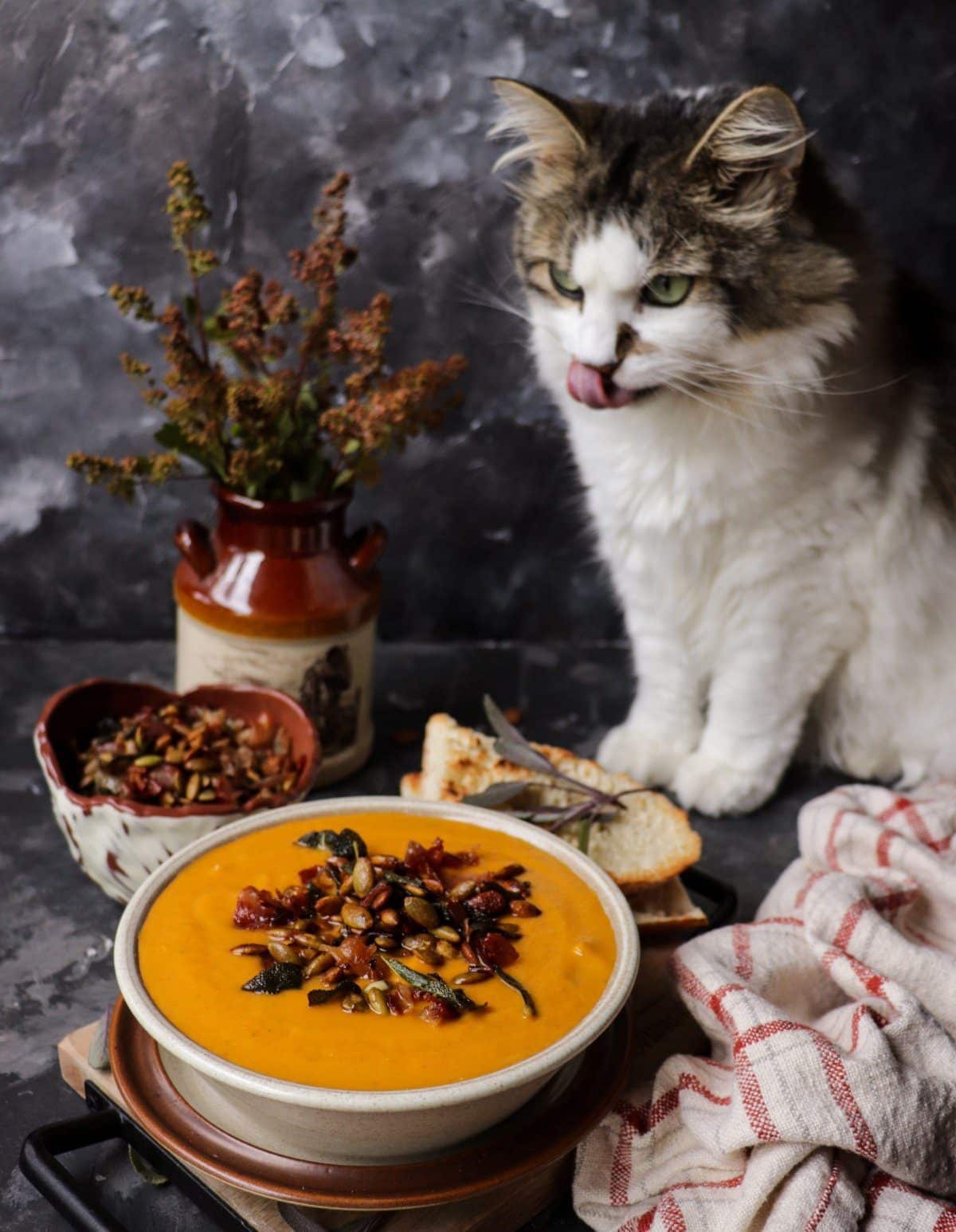 Sweet Potato Soup with Prosciutto Sage Topping