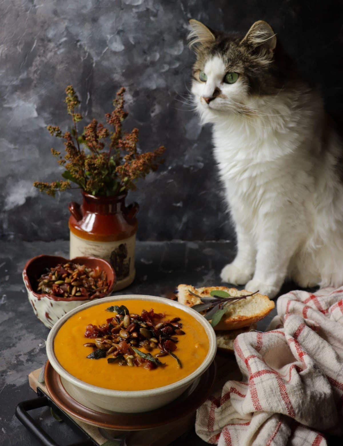 Sweet Potato Soup with Prosciutto Sage Topping