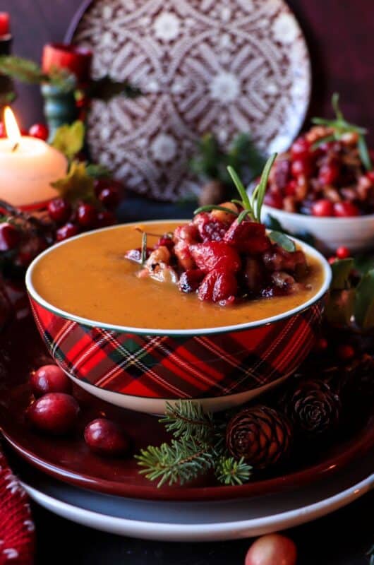 Festive Holiday Pumpkin Soup with Cranberry Walnut Relish