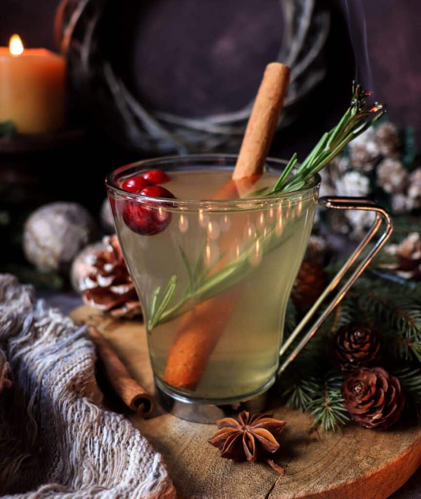 Holiday Spruce Tea in a cozy Christmas mug with honey, cinnamon, and orange slices — a warm, aromatic winter drink.