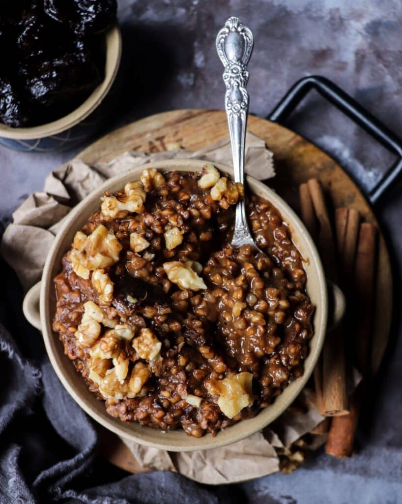 Buckwheat Breakfast Porridge with Prunes and Walnuts