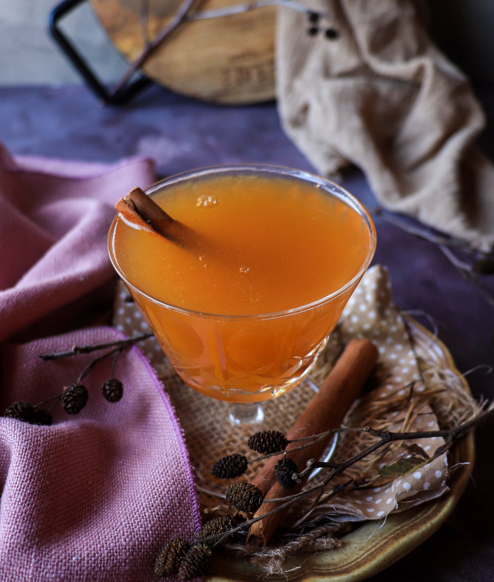 Cloudberry brandy cocktail served in a coupe glass, garnished with a cinnamon stick, styled with warm autumn textiles and dried botanicals.