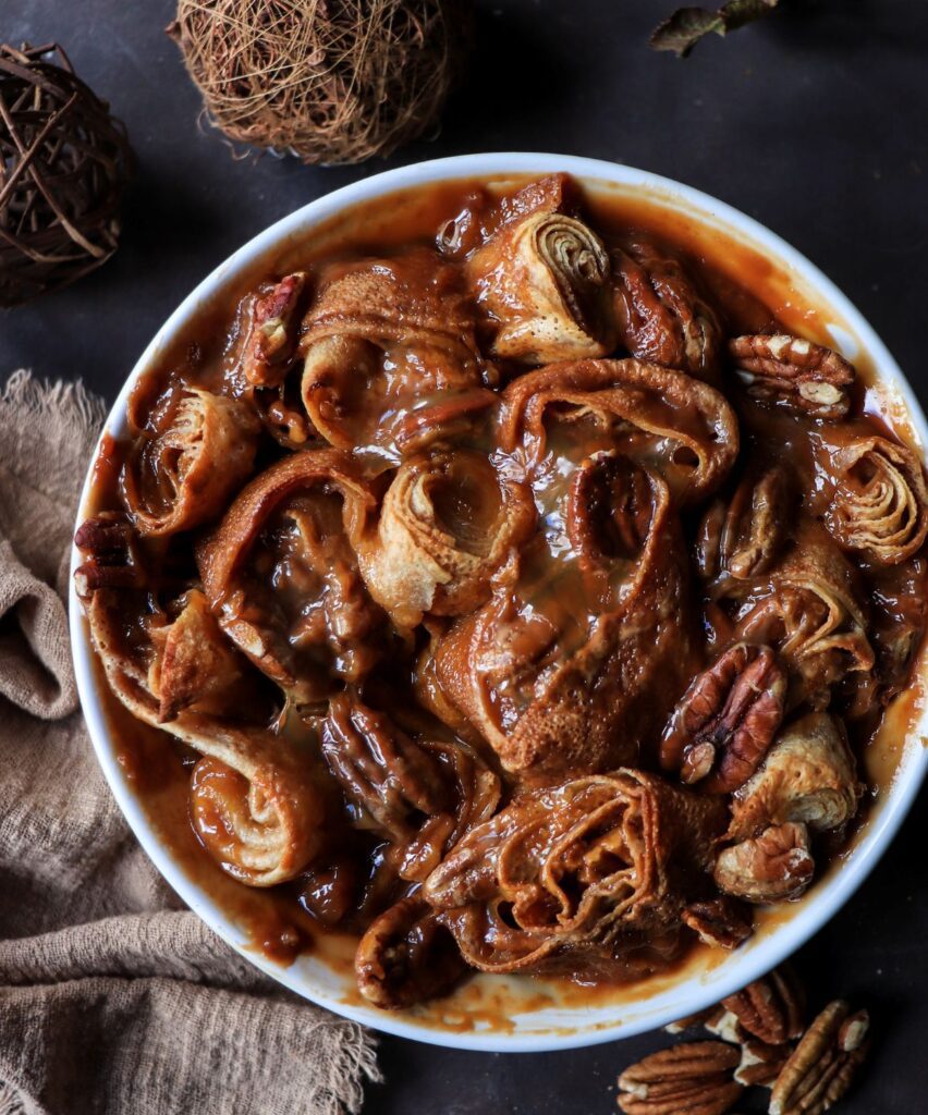 Dulce de Leche Crêpe Bake with Pecans and Brandy