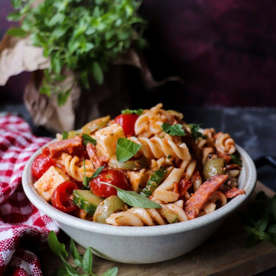 Pasta Salad with Salami, Mozzarella and Sun-Dried Tomatoes