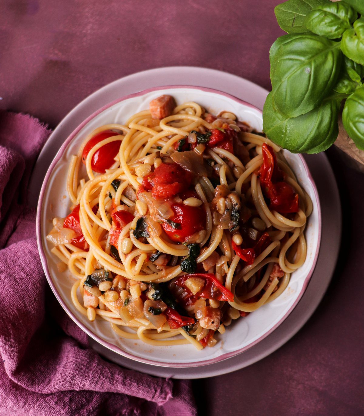 Easy Pancetta Tomato Pasta with Pine Nuts and Basil