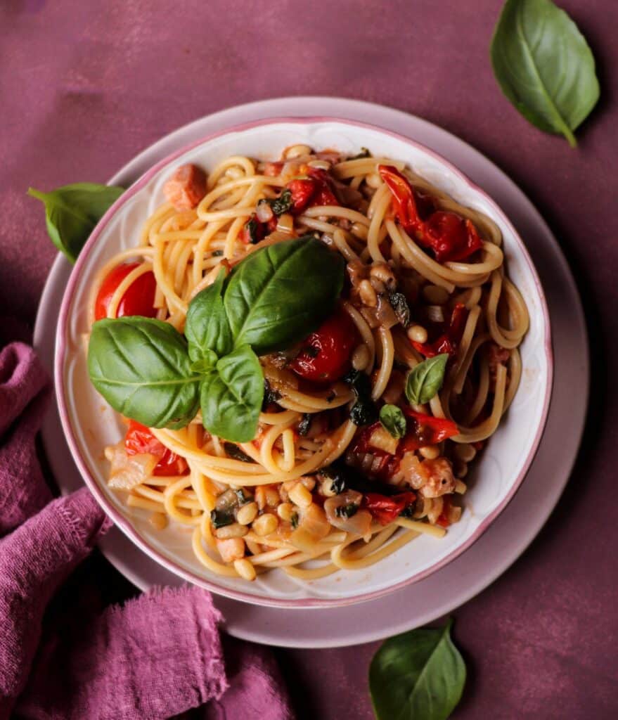 Pasta with Pancetta, Tomatoes, and Pine Nuts