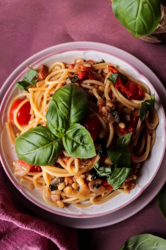 Pasta with Pancetta, Tomatos, and Pine Nuts