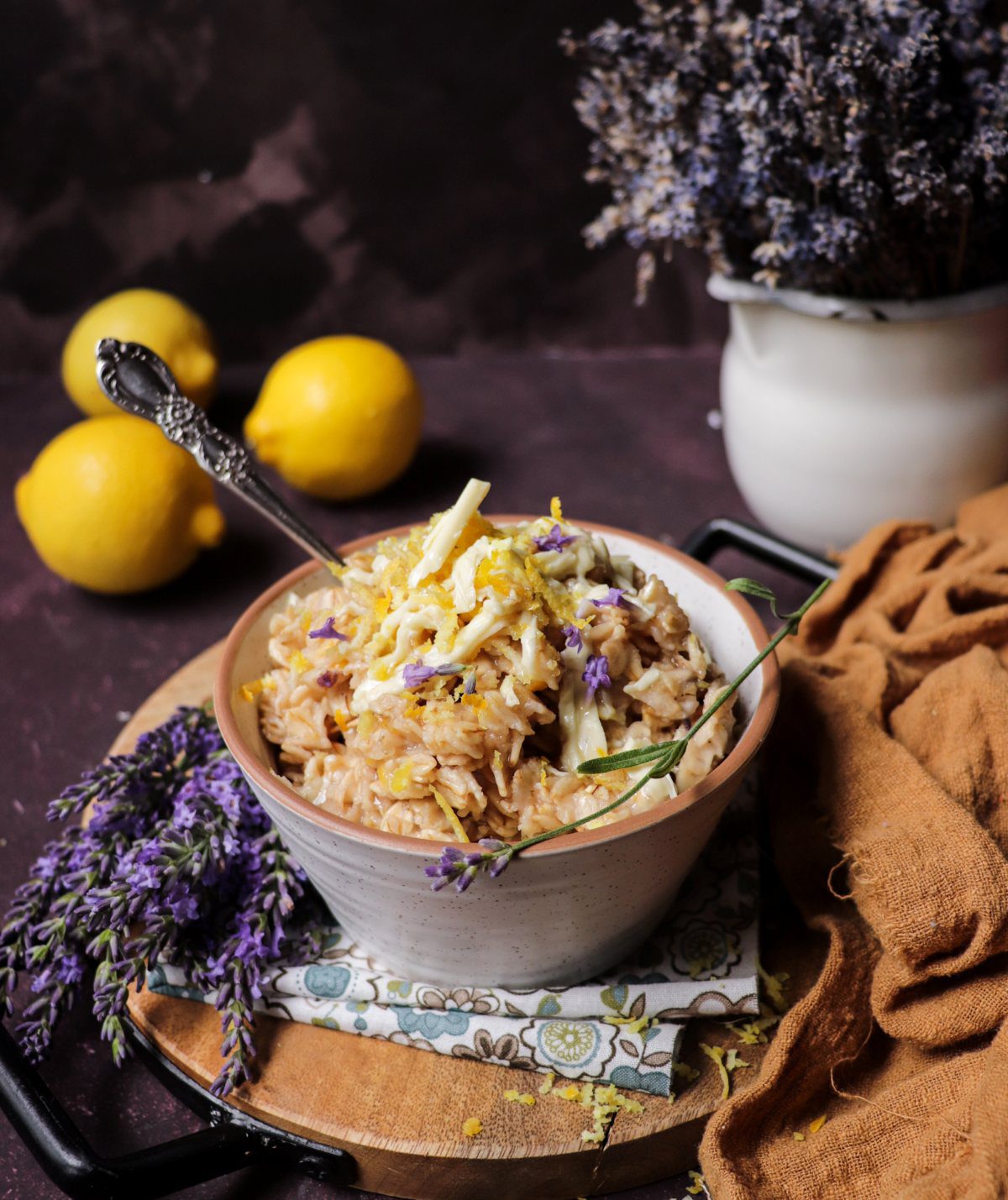 lavender lemon oatmeal topped with white chocolate and fresh lemon zest.
