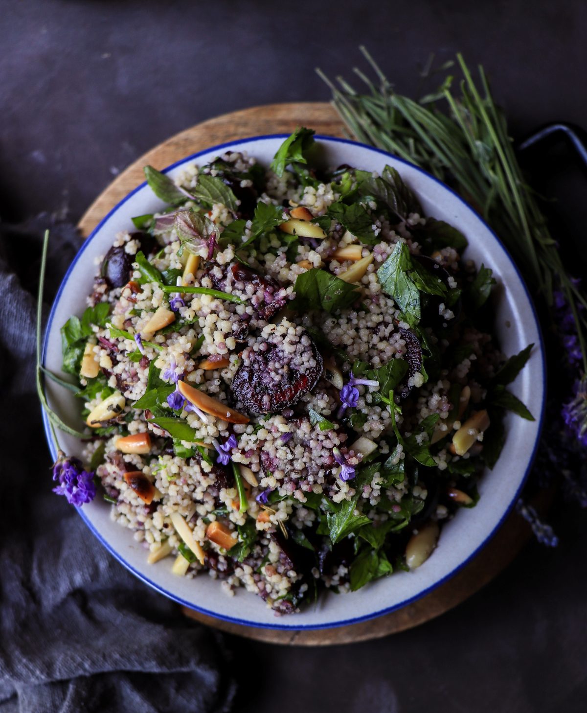 Cherry couscous salad with almonds and fresh mint.