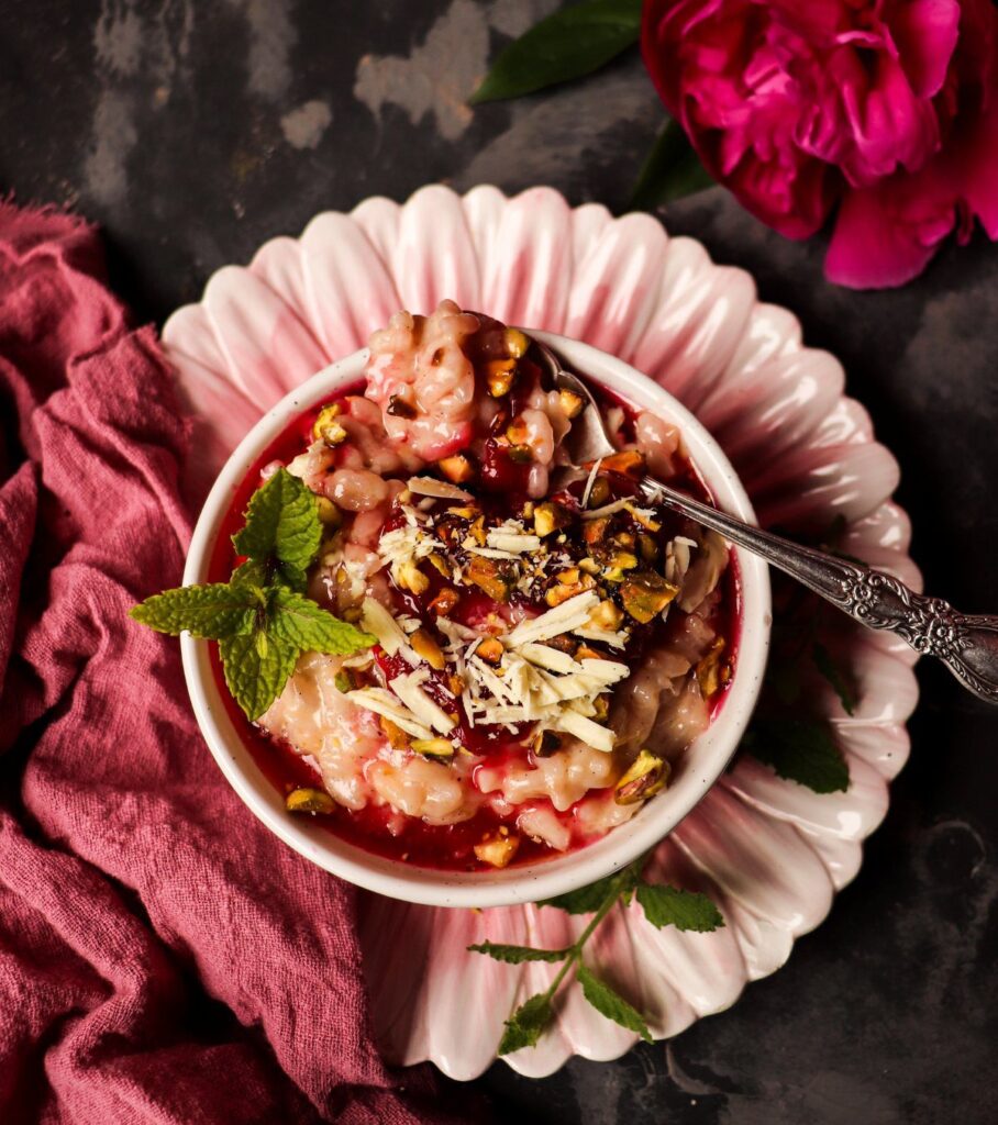 Dessert Rose Risotto with Rosé, White Chocolate, and Pistachios