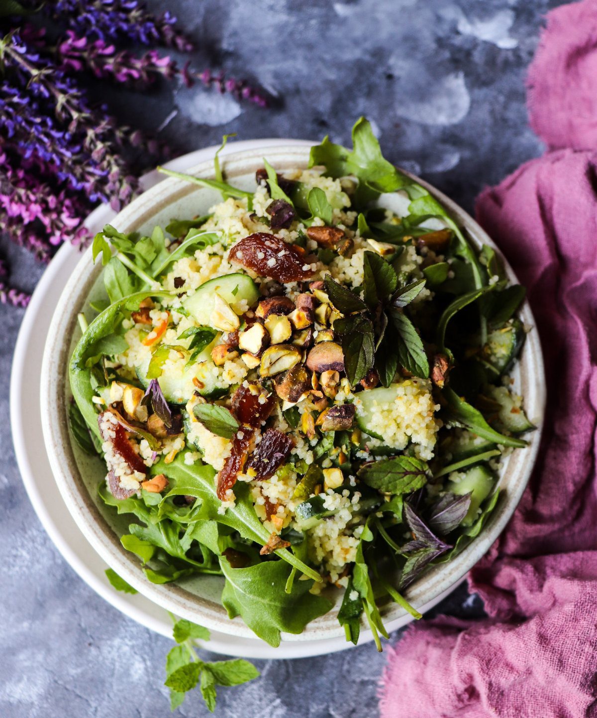 Mediterranean-inspired couscous salad with dried apricots and pistachios
