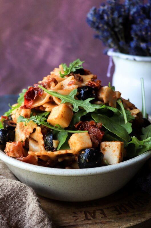 Red Pesto Pasta Salad with Lavender, Prosciutto, and Mozzarella