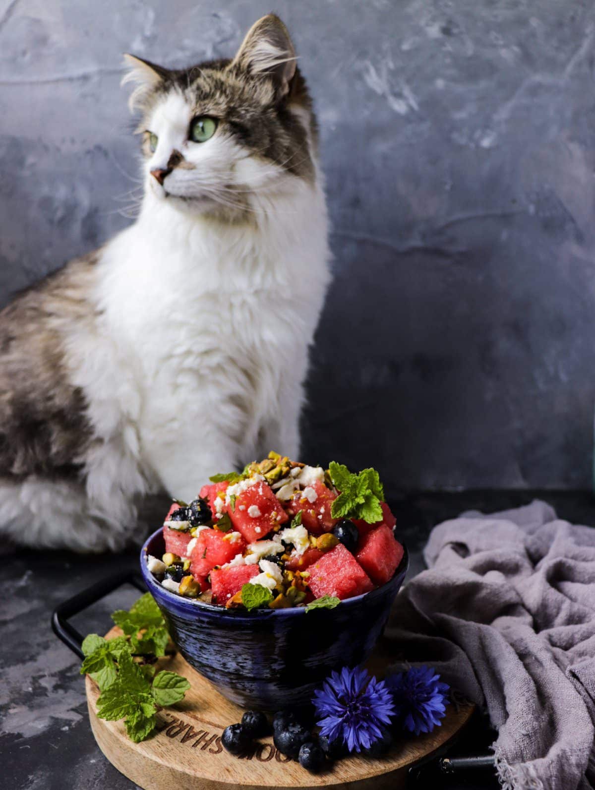 Watermelon Blueberry Feta Salad with Mint and Pistachios