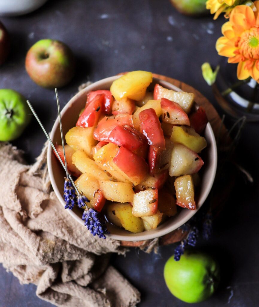 skillet sautéed apples with maple syrup and lavender