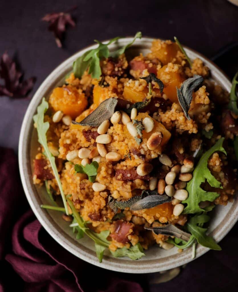 Roasted Butternut Squash Couscous Salad with Ham, Pine Nuts and Sage