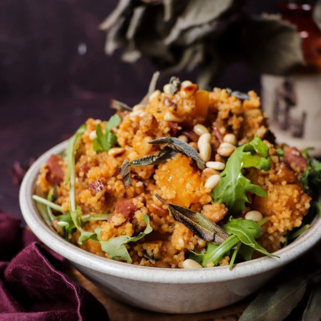 Roasted Butternut Squash Couscous Salad with Ham, Pine Nuts and Sage