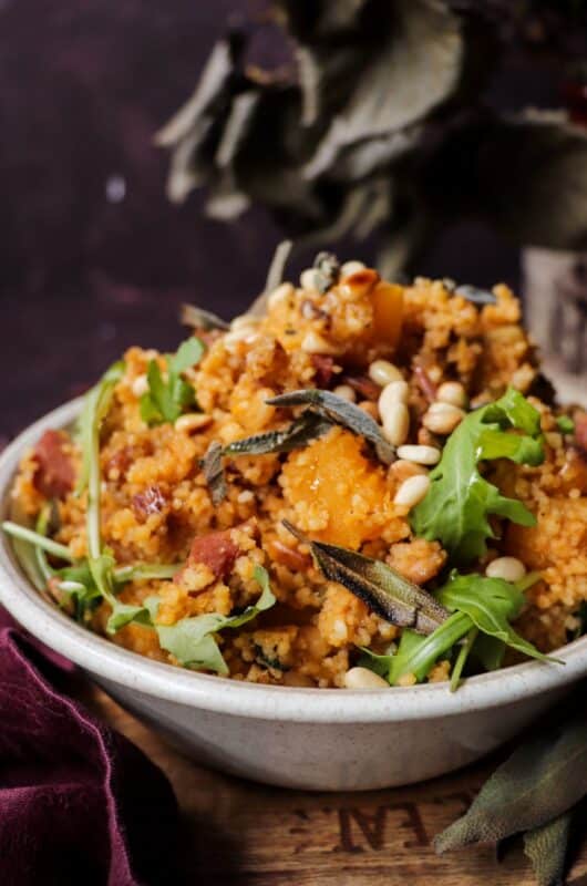 Roasted Butternut Squash Couscous Salad with Ham, Pine Nuts and Sage