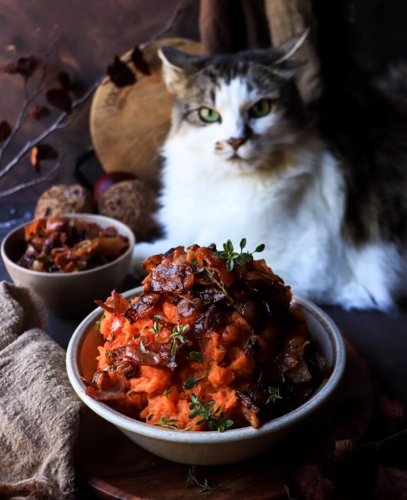 Bowl of savory sweet potato mash topped with caramelized onions, crispy prosciutto, and fresh thyme, with a fluffy cat sitting behind the dish in a cozy, rustic setting.