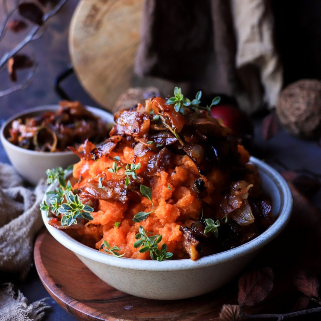 Savoury Sweet Potato Mash with Caramelized Onions and Prosciutto