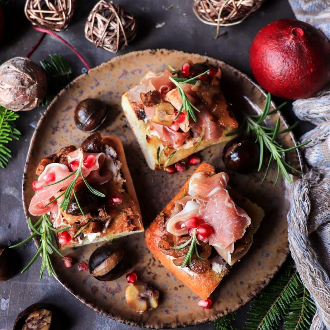 Caramelized Onion Chestnut Bruschetta with Rosemary and Brandy