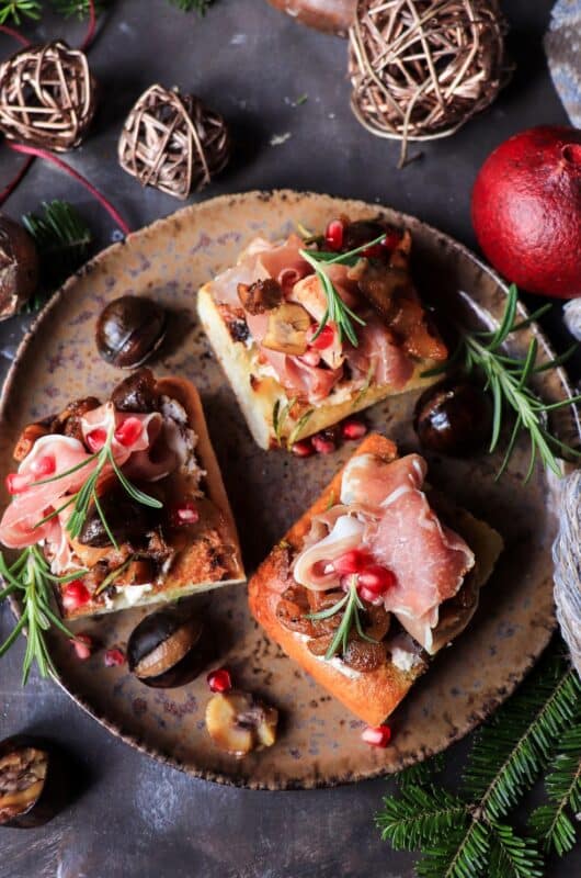 Caramelized Onion Chestnut Bruschetta with Rosemary and Brandy