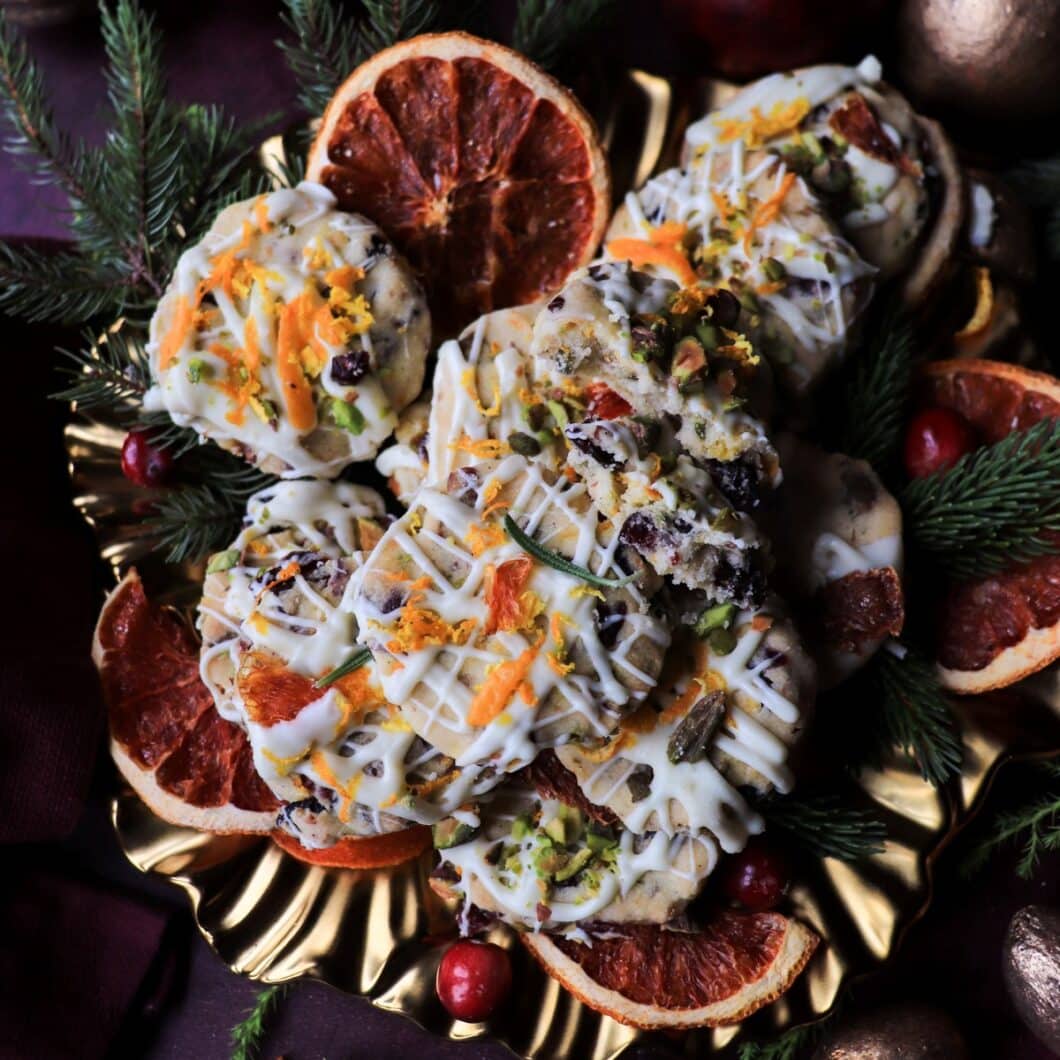 Festive Pistachio Cranberry Orange Shortbread Cookies with White Chocolate Drizzle