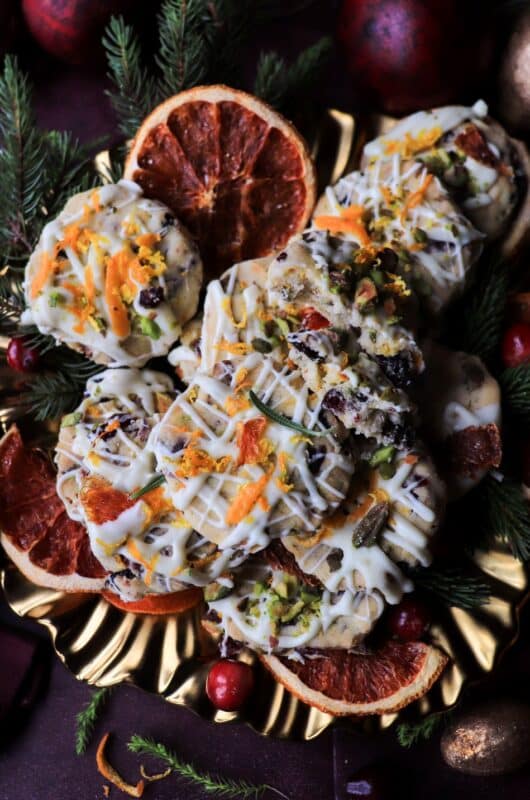 Festive Pistachio Cranberry Orange Shortbread Cookies with White Chocolate Drizzle