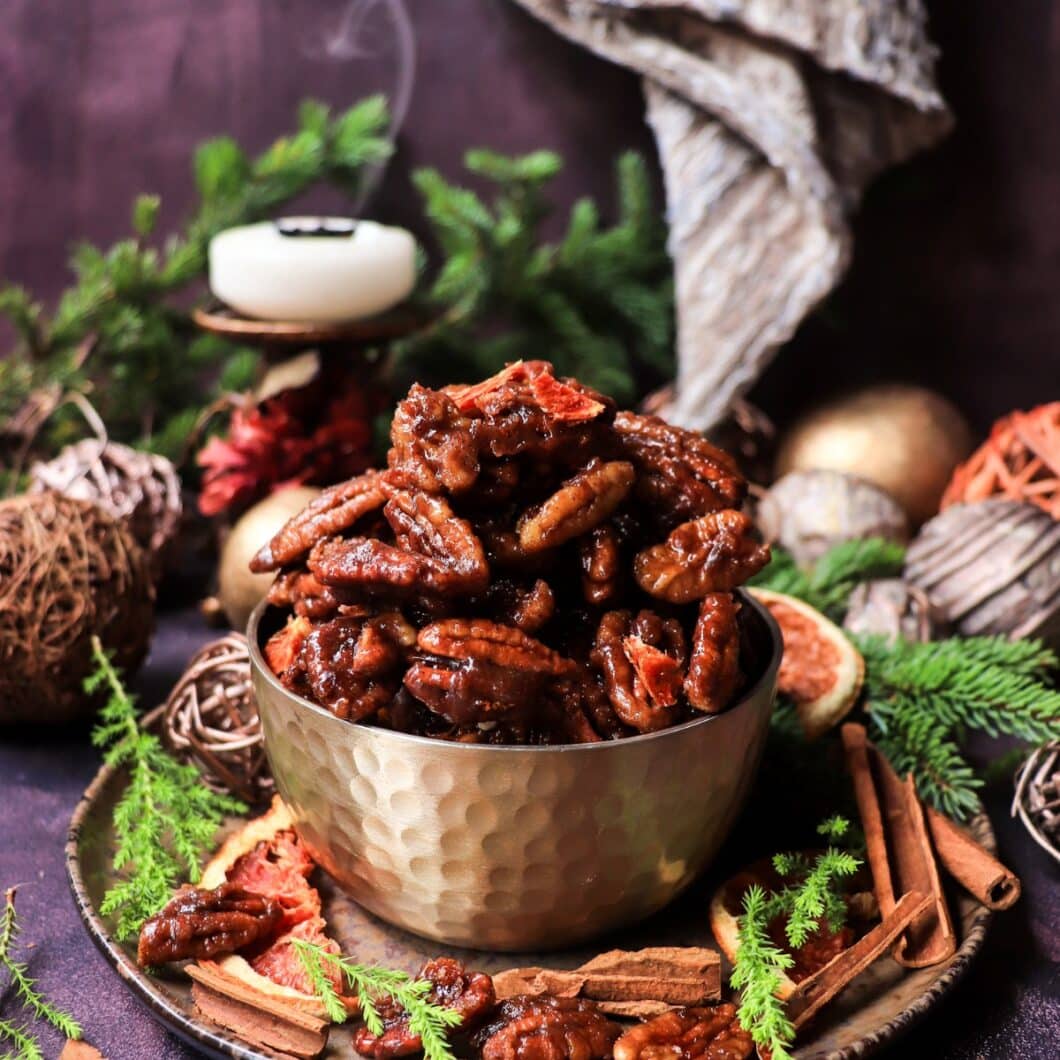 Festive Toffee Orange Brandy Pecans - Easy Stovetop Recipe for the Holidays