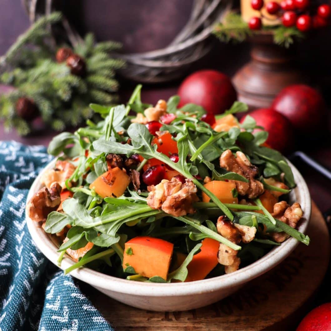 Persimmon Pomegranate Walnut Salad with Honey Dressing