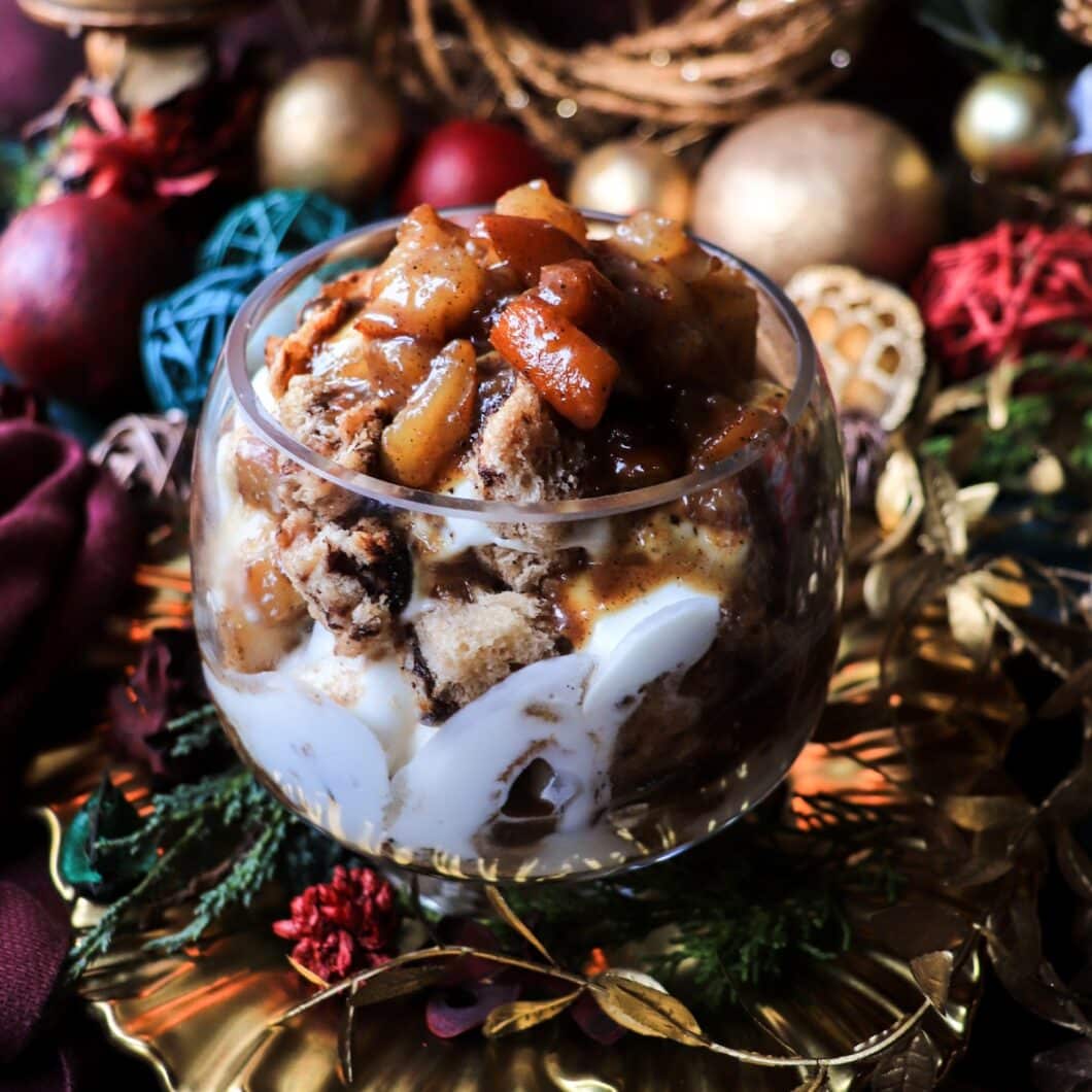 Caramelized Brandy Pear Trifle with Goat Cheese and Panettone