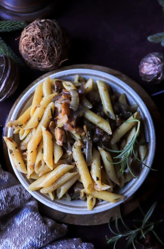 Caramelized Onion and Chestnut Pasta with Brandy and Rosemary