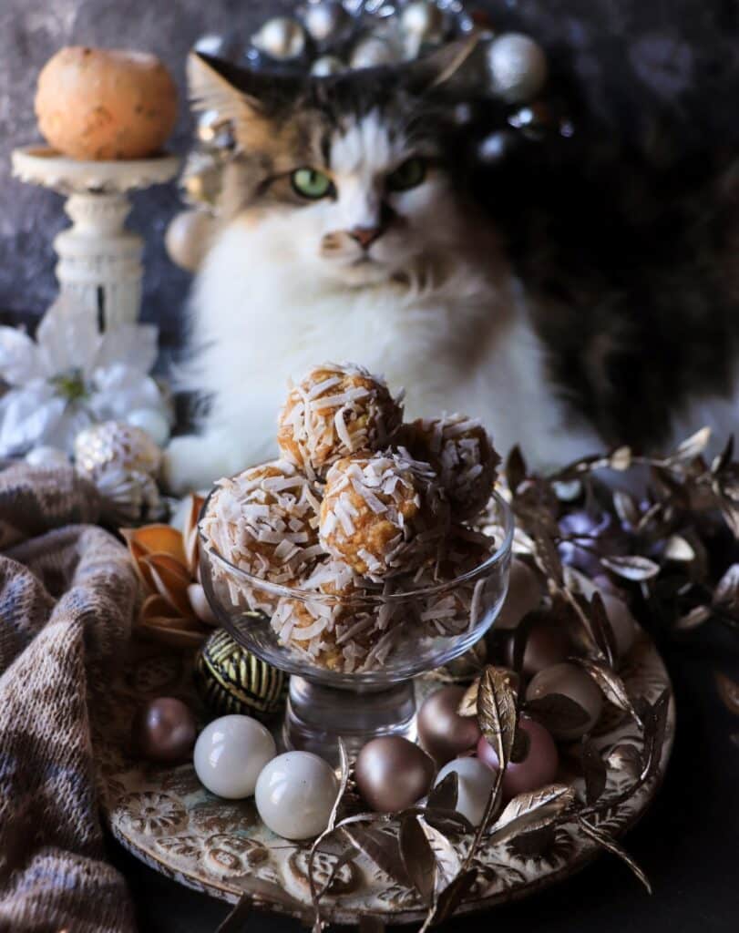 A bowl of coconut-coated coconut cashew rum cookie truffles in the foreground with Daisy the cat sitting behind them, surrounded by festive winter decorations.
