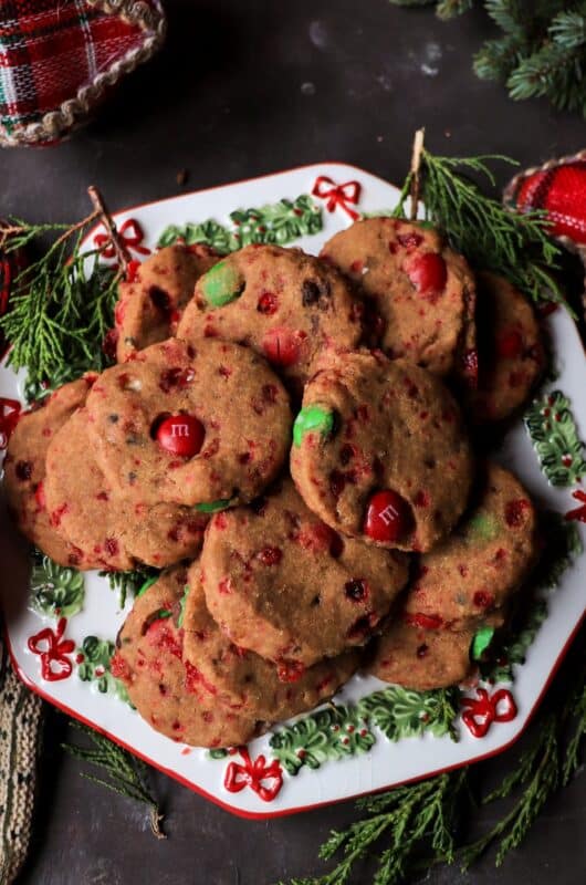 Coffee Candy Cane Shortbread Cookies with M&Ms