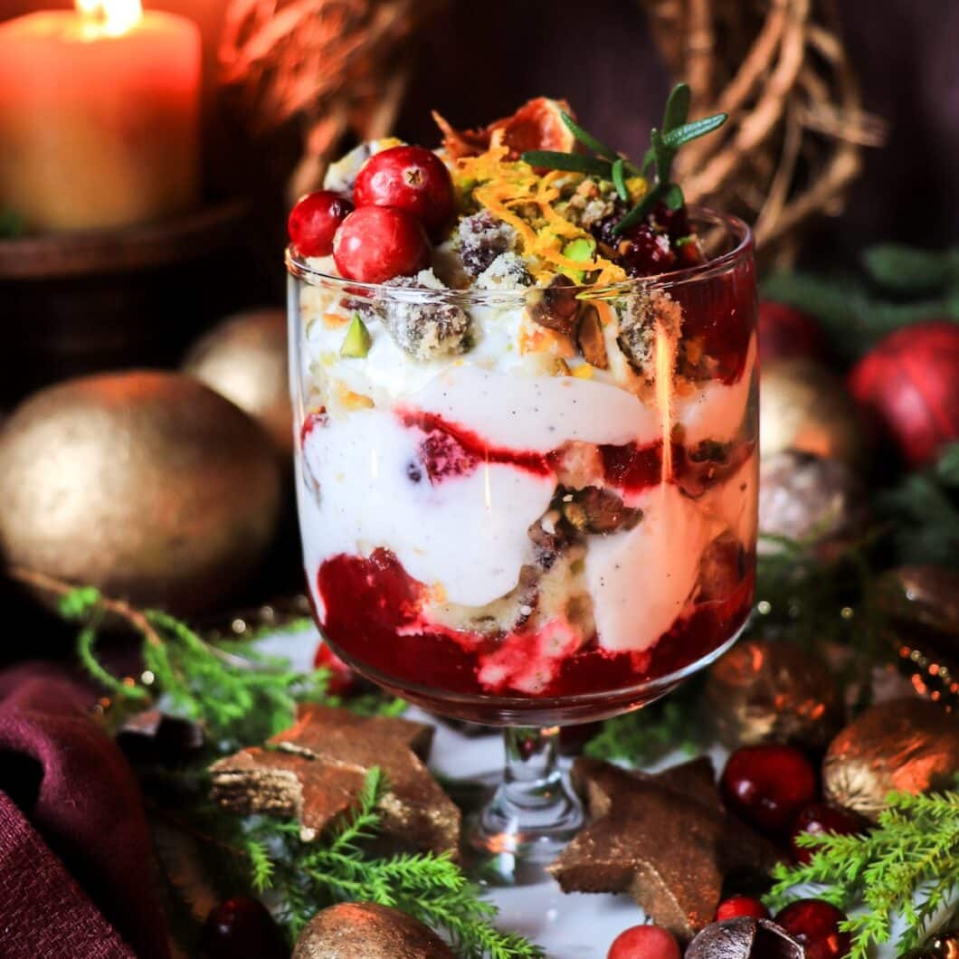 Cranberry Greek Yogurt Trifle with Shortbread and Pistachios